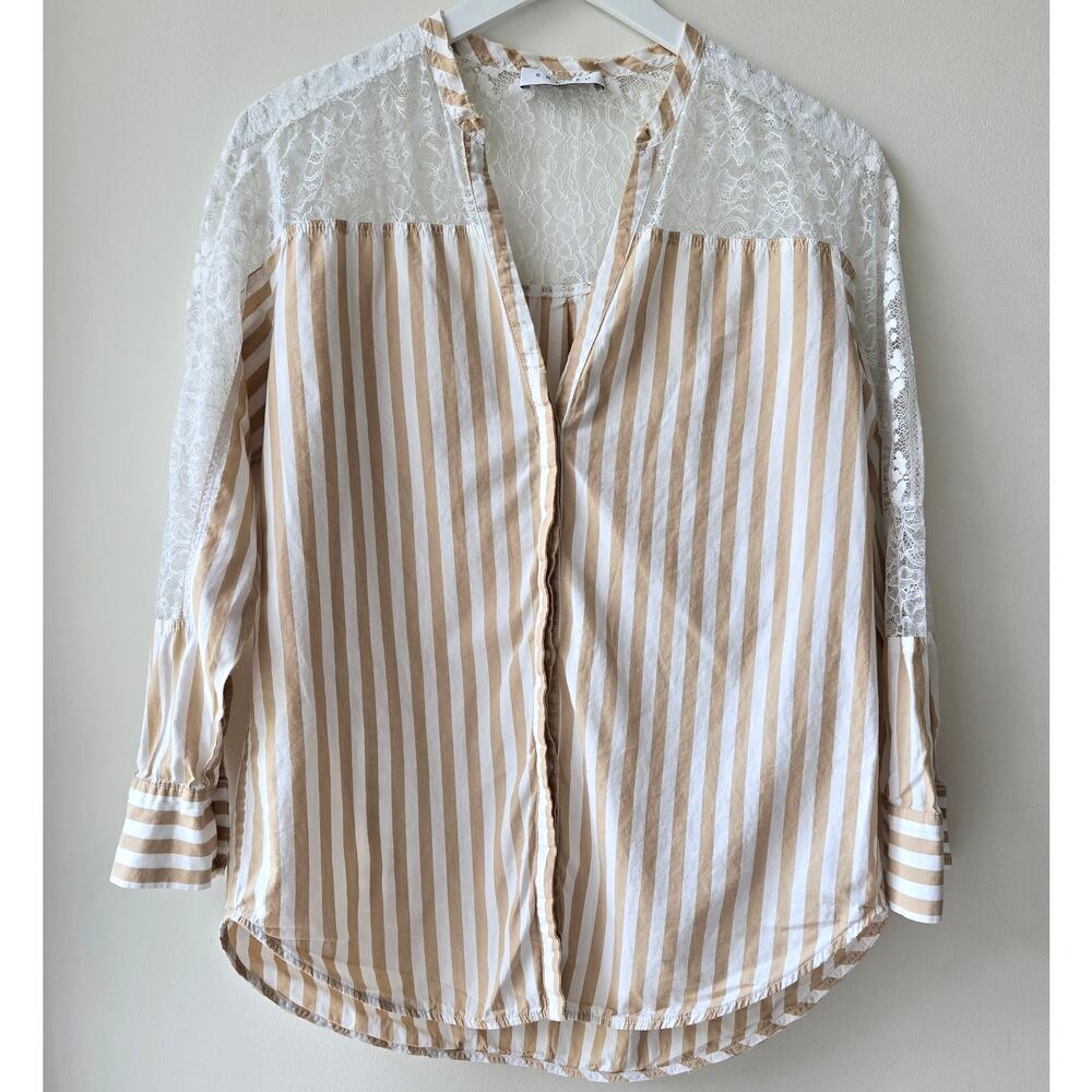 SANDRO Paris Striped V-Neck Button-Up Long Sleeve Collarless Top Womens Small 1